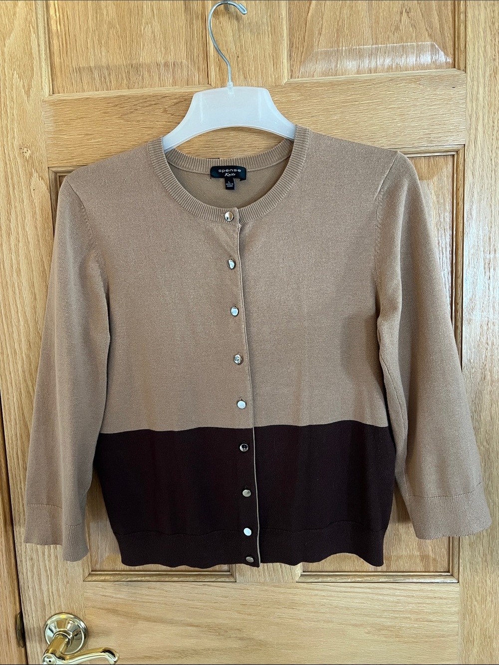 Spense Knits Two-Tone Tan and Dark Brown Crewneck Cardigan